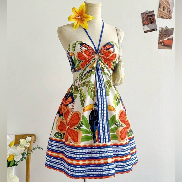 NEW Floral Halter Dress with Blue Accents - Picture 7 of 8